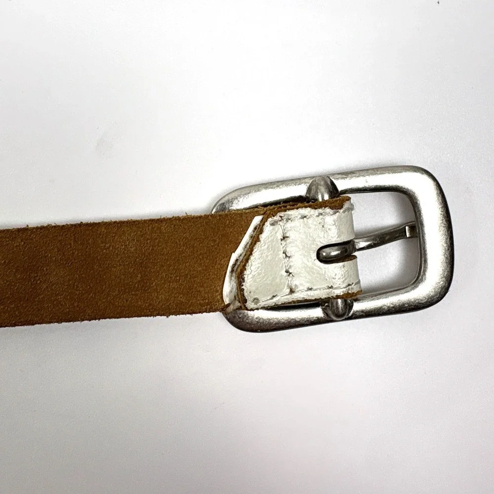 VTG Fossil Leather Belt Womens 38 XL White Silver Overlays Floral Butterfly West